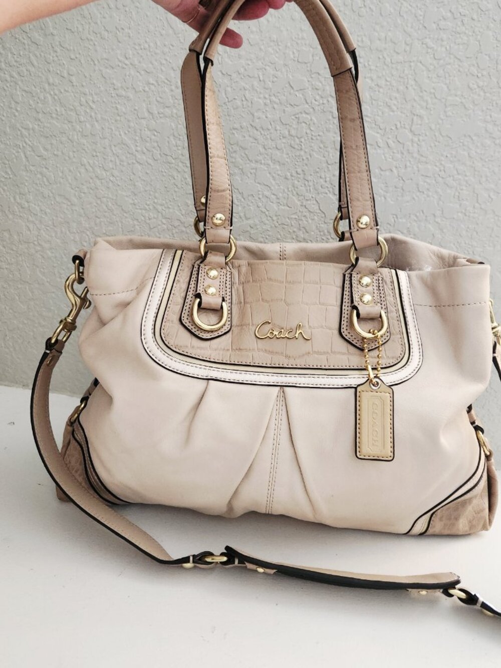 Coach Ashley Beige & Tan Leather Shoulder Bag Purse